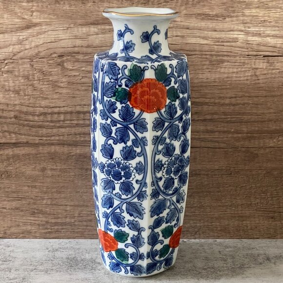 Vintage 80s Takahashi SF Hand Painted Vase Blue Red Floral Six Panel 12" Japan
